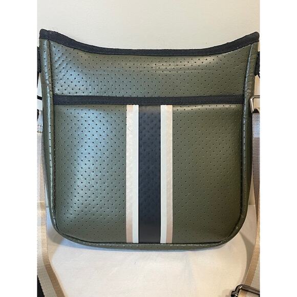 Haute Shore Blake Neoprene Black Green White Stripe Crossbody Bag - Picture 2 of 9